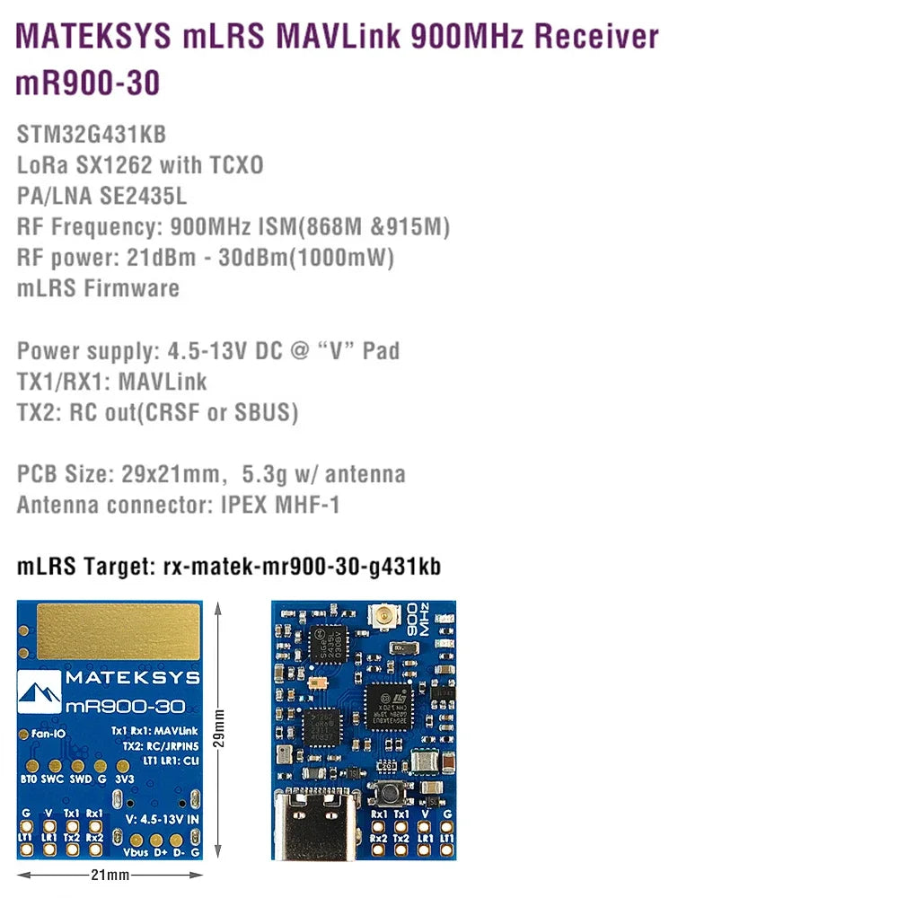 MATEKSYS MLRS MAVLINK 900MHZ RECEIVER, MR900-30