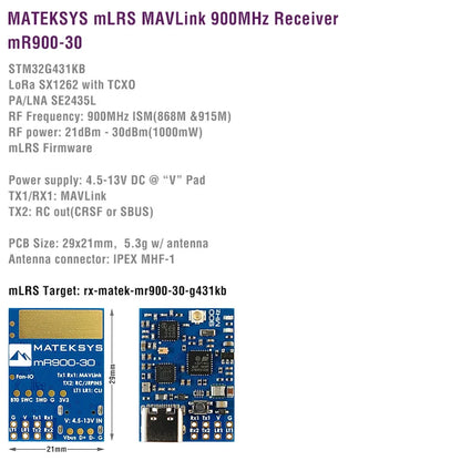 MATEKSYS MLRS MAVLINK 900MHZ RECEIVER, MR900-30